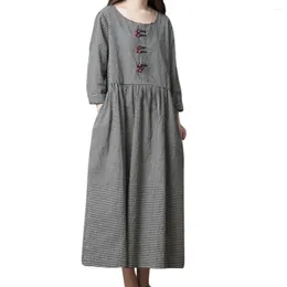 Casual Dresses Vintage Plaid Long Sleeve Mid-Calf Length Dress Women Sundress Spring Loose Linen Baggy Holiday Oversized Vestidos