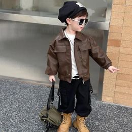 Jackets Spring Autumn Kids Short Coat PU Leather Zipper Jacket For Boys Fashion Black Brown Children Clothing 1-8Years