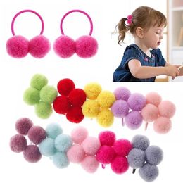 Hair Accessories 20pcs/lot 1.4" Small Solid Double Fur Ball With Elastic Rope Handmade Band For Kids Girls