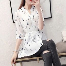 Women's Blouses Female Clothing Fashion Printed Blouse Elegant Waist Drawstring Loose Summer Casual Half Sleeve Korean Single-breasted Shirt