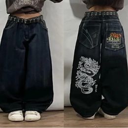 Street dragon pattern printed loose jeans for women y2k baggy pocket high waisted straight wide leg pants casual and versatile 240304