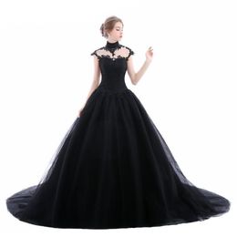 2019 Ball Gown Black Gothic Wedding Dresses High Neck Lace Tulle Corset Lace-Up Back Women Non White Bridal Gowns With Colour Custo252p