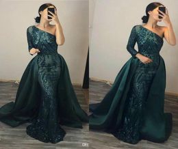 Hunter Green Sparkly Sequined Evening Dresses Long Sleeves One Shoulder Overskirt Prom Dresses Custom Made Mermaid Formal Gowns9508035