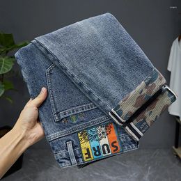 Men's Jeans High-End 2024 Spring And Summer Retro Blue Water-Washing Embroidery Printed Pencil Pants Casual Slim-Fit