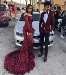 Elegant Mermaid Burgundy Black Girls Prom Dresses Long Sleeves Off Shoulder Feather Train Sparkly Sequin African Graduation Party 9101182