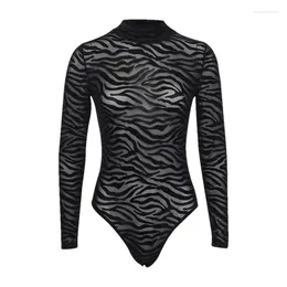 Women's Swimwear Black Mesh Transparent Sexy Bodysuit Long Sleeve Slim Skinny Stripe Mock Neck Casual Rompers Women Lady