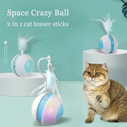 Crazy Cat Teaser Cat Toys Interactive Rolling Ball 2 In 1 Bird Sound Cats Sticks LED Automatic Rolling Cats Moving Toy Pet Toys 240229