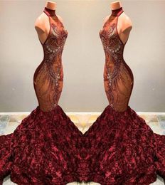 2020 Stunning African Mermaid Prom Dresses Burgundy Long High Neck Beading Crystal Ruffles Flowers Women Sexy Pageant Party Gowns 9882247