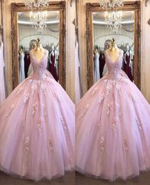 Fashion Rose Pink V neck Quinceanera Prom Dresses Cheap Designer 3D Floral Flowers Tulle Applique Beaded Evening Sweet 15 Dress Lo1549716