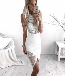 White Sexy Party Evening Wear Lace See Through Sleeveless Prom Dress Zipper Back Knee Length Homecoming Dress Cheap5873183