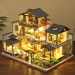 DIY Japanese Architecture Wooden Dollhouse Assembled Miniature with Furniture Big Casa Doll House Toys for Girls Adult Gift 240304