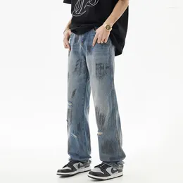 Men's Jeans Distressed For Men Hand-Painted Baggy Trousers Ripped Washed Denim Loosen Straight Pants