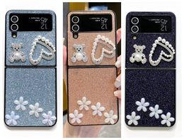 ZFlip5 3D Heart Love Bear Diamond Cases For Samsung Galaxy Z Fold 5 4 Flip5 Flip 3 Flip4 Bling Flower Girls Hard PC Plastic Shockproof Folding Fashion Rhinestone Cover