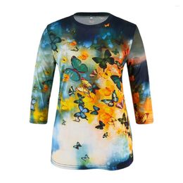 Women's T Shirts Casual Slim Crew Neck Tops Women Shirt 3/4 Sleeve Office Daily Fashion Spring Summer Ladies Elegant Butterflies Printed