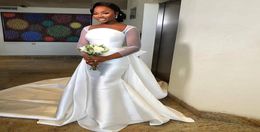 Satin Detachable Train Mermaid Wedding Dresses See Through Long Sleeve Church Bridal Gown Simple Africa Wedding Gowns1451511
