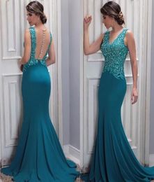 Teal Blue Embroidery Lace Beaded Formal Dress Evening Cheap 2021 Sheer Cap Sleeve Mermaid Prom Dress paolo sebastian Evening Gowns8372202