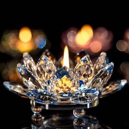 Crystal Glass Lotus Flower Candle Tea Light Holder Buddhist Candlestick Wedding Bar Party Valentine's Day Decor Night Light Y320O