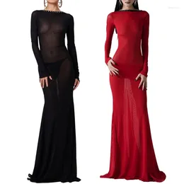 Casual Dresses Women Sexy See Through Mesh Long Sleeve Flared Bodycon Dress Goth Backless Solid Beach Cover Up