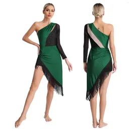 Stage Wear Lady Lyrical Dance Dress With Shorts Latin Tango Cha-cha Samba Rumba Salsa Ballroom Dancing Outfit One Shoulder Tassel Dancewear