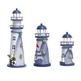 Mediterranean Style LED Lighthouse Iron Figurine Nostalgic Ornaments Ocean Anchor for Home Desk Room Wedding Decoration Crafts290c