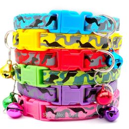 Whole 100Pcs Cat Collar with Bell Fashion Camouflage Print Small Dog Puppy Kitten ID Collars Adjustable Cat Supplies 2010302241