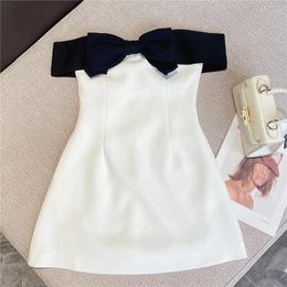 Casual Dresses 2024 Summer Arrival High Street Elegant Strapless Dress Women's Black And White Contrast Bow Knot Slim Fit Sexy