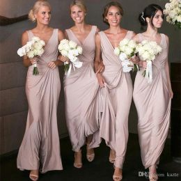 Sexy billige einfache einfache Hülle Brautjungfern Kleider lange Ärmel tiefe v Hals bodenlange Mädchen Kleid Hochzeit Gastkleider