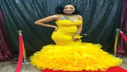 2020 Bright Yellow African Black Girls Mermaid Prom Dresses With Organza Ruffle Skirt Sweetheart Dubai Arabic Plus Size Evening Go8028605