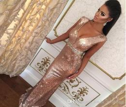 Mermaid Evening Dresses Glamorous Rose Gold Deep V Neck Celebrity Holiday Women Wear Formal Party Prom Gowns Custom Made Plus Size2059424