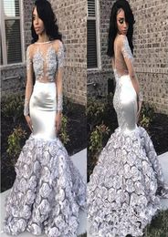 Gorgeous Rose Flowers Mermaid Prom Dresses 2019 Appliques Beads Sheer Long Sleeve Evening Gown Silver Stretchy Satin robes de soir2180550