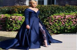 Dark Navy One Shoulder Prom Dresses Pant Suits A Line High Split Long Sleeve Formal Party Gowns Jumpsuit Celebrity Dresses c00028373813