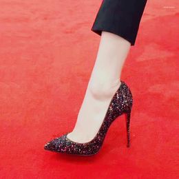 Dress Shoes Autumn Sequin Pointed French Girls' High Heels Versatile Mesh Red Slim Crystal Wedding