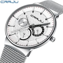 Mens Watches CRRJU Top Brand Luxury Waterproof Ultra Thin Date Clock Male Steel Strap Casual Quartz Watch White Sport WristWatch L279G