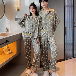 Light luxury Couples Home Furnishing Long sleeved Thin Rayon Open Front Korean Cartoon Outerwear Large Size Pajamas 240226