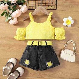 T-shirts Prowow 2-6Y Summer Kids Denim Suit For Girls Off-Shoulder Solid Crop Top+Broken Holes Jeans Pants Children Girl Clothes Sets L240311