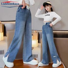 110-160cm Spring Kids Denim Loose Jeans Pants For Girls Crimped Wide Leg Children Casual Teen High Waist Solid Colour Trousers 240228