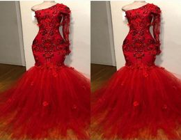 Red Long Sleeve Mermaid Sexy Prom Dresses Tulle Lace Ruffle One Shouler Zipper Up Court Train Evening Dresses Pagent Gowns6216436