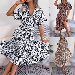 2024 Newest Women Dress Black White Leopard Printed Lace Up Shirt Skirts Fashion Spring Summer Short Sleeve Dresses