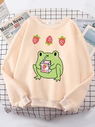 Women's Hoodies Womens Sweatshirts Cute Frog Drink Strawberry Milk Tea Print Clothing Lady Oversize Moletom Hip-Hop Kawaii Animal Females