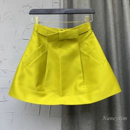 Yellow Skirt for Women Spring and Summer Three-Dimensional Bow Waist A-Line Satin Mini Faldas Female Clothes 240309