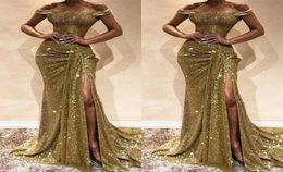 Bling Bling Sequin Split Prom Dresses Mermaid Off the Shoulder Evening Gowns Ruffled Skirt High Slit Zipper Up Back Formal Party4148312