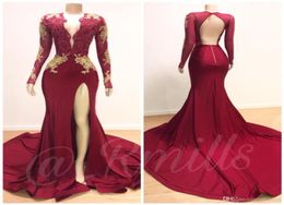 Dark Red Open Back Mermaid Prom Dresses Deep V Neck Long Sleeves Beaded Special Occasion Dresses Formal Evening Dresses Wear Vesti9416145