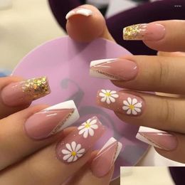 False Nails French Wear Nail Removable Pink Phnom Penh Small Daisy Fresh Style Square Head Easy To Operate Mainland Drop Delivery Dhqhn