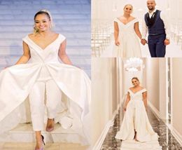 Elegant Women Jumpsuit Wedding Dresses White Satin Pantskirts Bridal Gowns With Train Big V Neck Zipper Back Formal Celebrity Part6865374