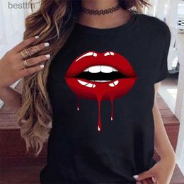 Women's T-Shirt Maycaur Women Red Mouth Lip Printed T Shirt Black Tshirt Fashion Funny Leopard Graphic Tee Shirt Femme Harajuku T Shirt Top 240311