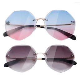 Sunglasses Fashion Tea Gradient Rimless Women Ocean Water Cut Trimmed Lens Metal Curved Temples Sun Glasses Female UV400