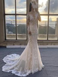 Chic Lace Mermaid Boho Wedding Dress 2022 Long Sleeve Backless Bohemian Wedding Gowns Trumpet Train Garden Country Bridal Dresses 2373763