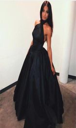 Black Satin A Line Evening Dresses 2019 Halter Neck Sleeveless Prom Dresses Sexy Backless Formal Party Gowns2972139