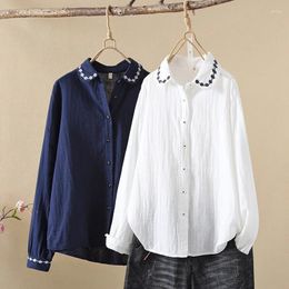 Women's Blouses Elegant And Youthful Woman Mexican Style Ethnic White Navy Blue Embroidery Shirts Designer Luxury Clothing