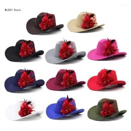 Berets Womens Vintage Wide Brim Hat Cowgirl Flower Feathers Fedora Party Prop